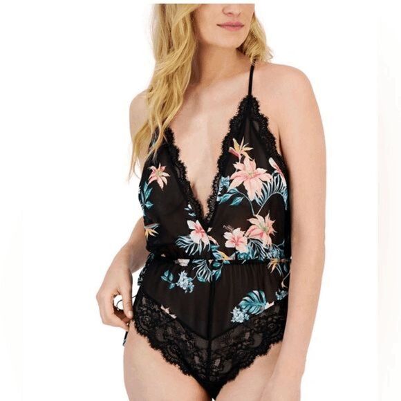 INC International Concepts Black Tropical Lace Chiffon Floral Lingerie Bodysuit, - Picture 8 of 10